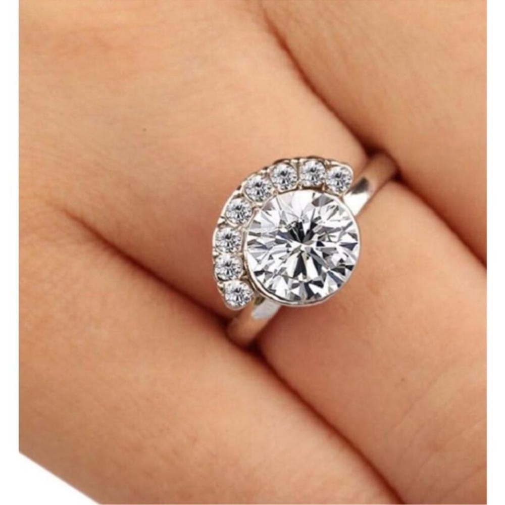 NEW Women's 2 ct 925 Silver Half Moon Solitaire Simulated Diamond Ring, Size 7